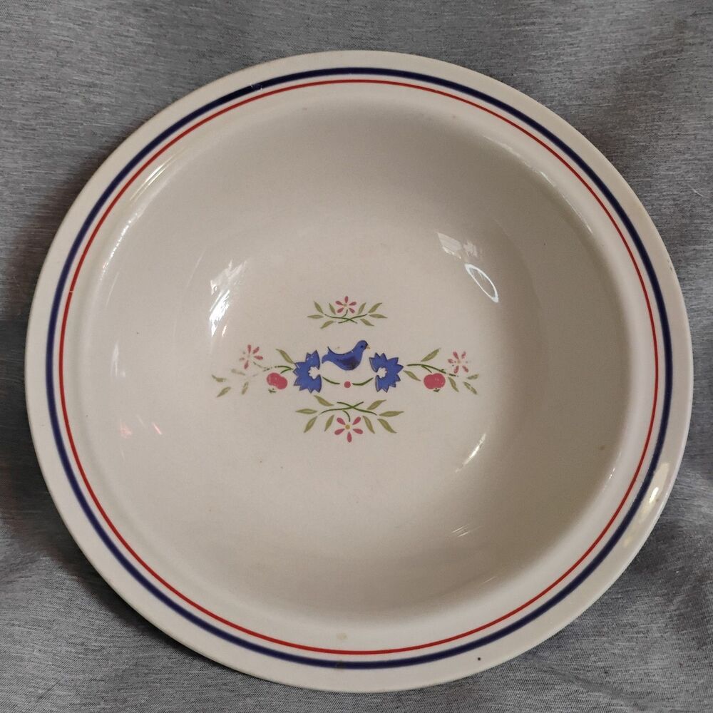 Vtg Newcor Homecoming Stoneware 7" Bowl 90s Cottagecore Bluebird Flower Folk Art - Picture 10 of 11